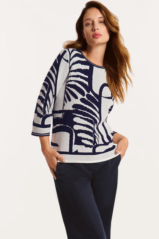 Faber Navy & Cream Jacquard Knit 3/4 Sleeve Round Neck Sweater