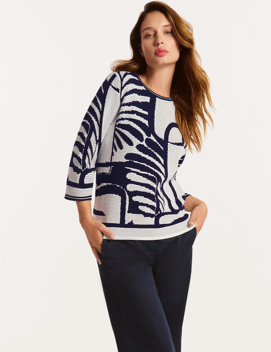 Faber Navy & Cream Jacquard Knit 3/4 Sleeve Round Neck Sweater
