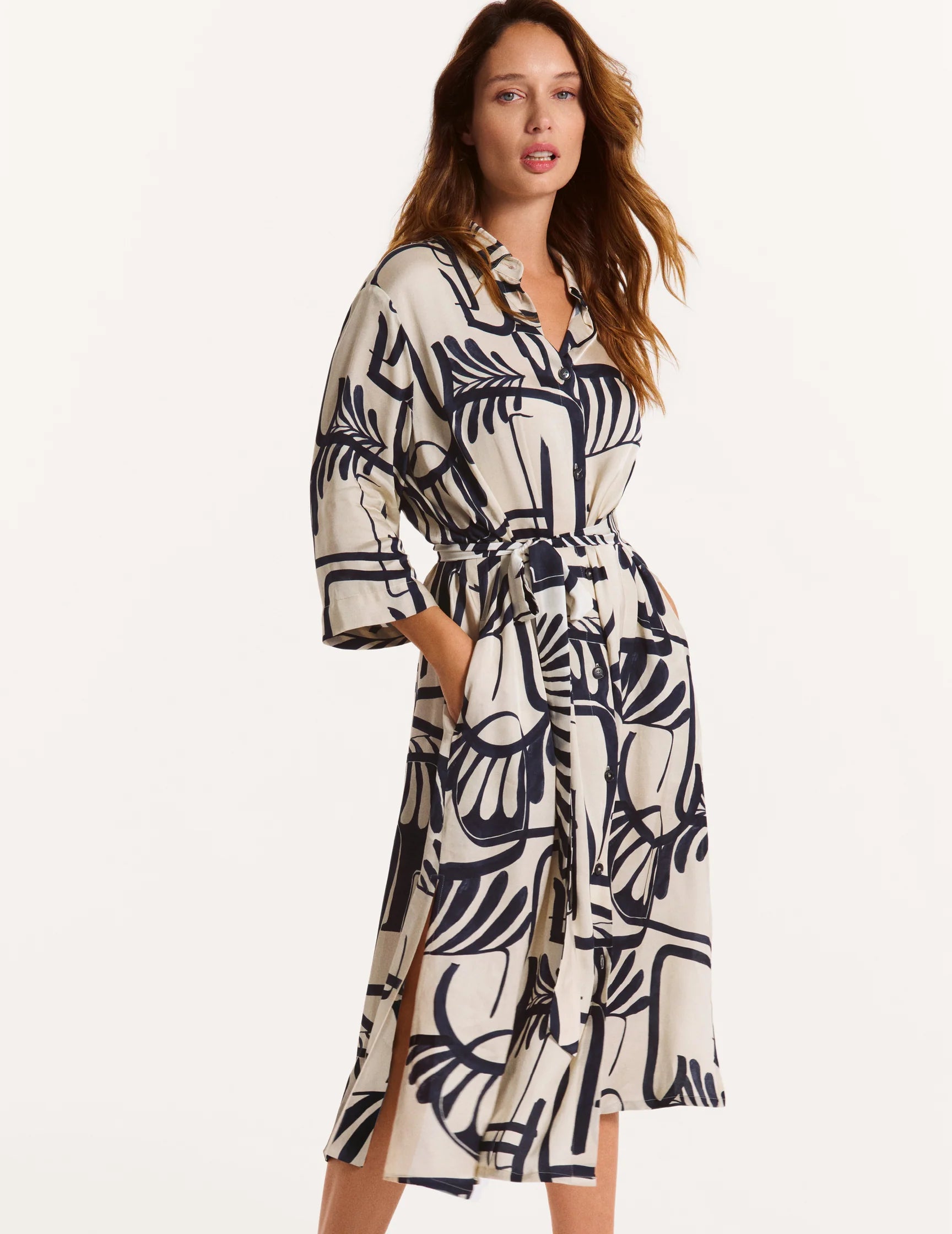 Faber Black & Ivory Graphic Art Print Shirt Dress – 3/4 Sleeve Viscose Tie-Belt Dress 65702