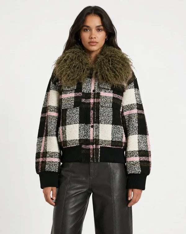 Essentiel Antwerp Black Off-White and Pink Checked Bomber Jacket with Detachable Faux Fur Collar