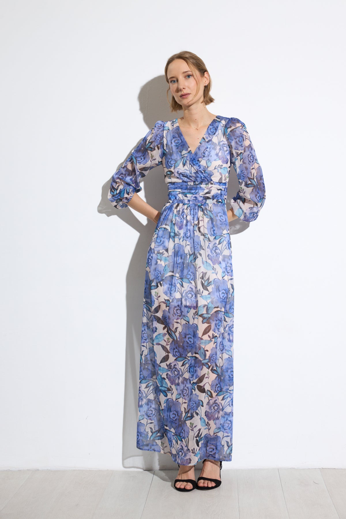 Tinta & Bariloche Blue Chiffon Dress with front and back V-Neckline Faura