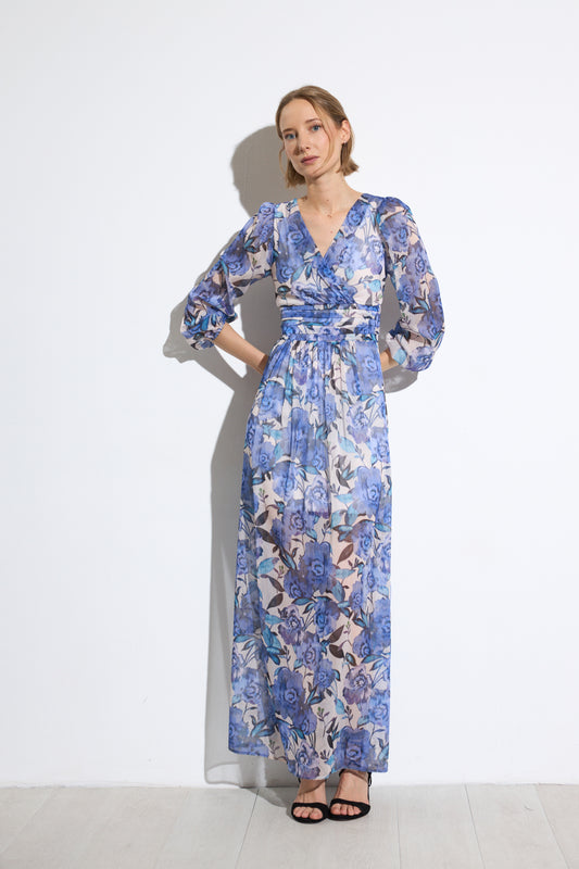 Tinta & Bariloche Blue Chiffon Dress with front and back V-Neckline Faura