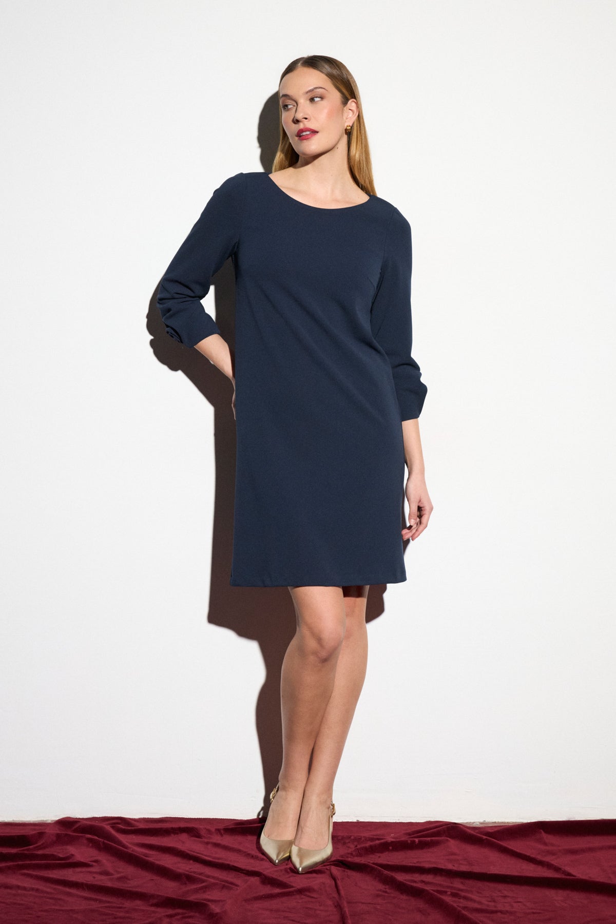 Tinta & Bariloche Navy Crepe Midi Dress Long Sleeve Rose Cuff Detail