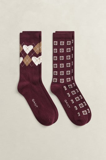 Gant Wine 2-Pack Argyle Heart Socks Gift Box