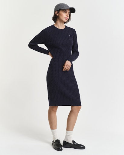 Gant Evening Blue  Stretch Cotton Cable Knit Crew Neck Dress