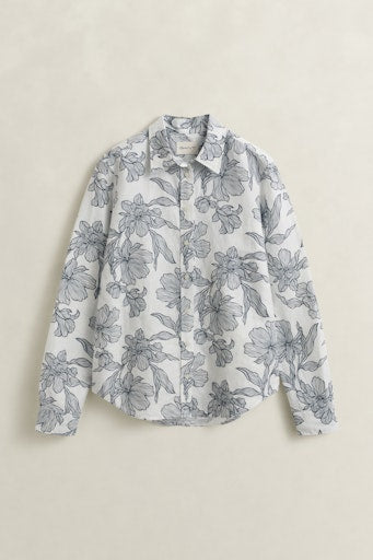 Gant White & Navy Floral Linen Blend Long Sleeve Shirt