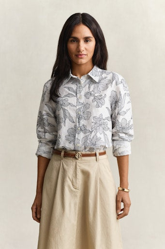Gant White & Navy Floral Linen Blend Long Sleeve Shirt