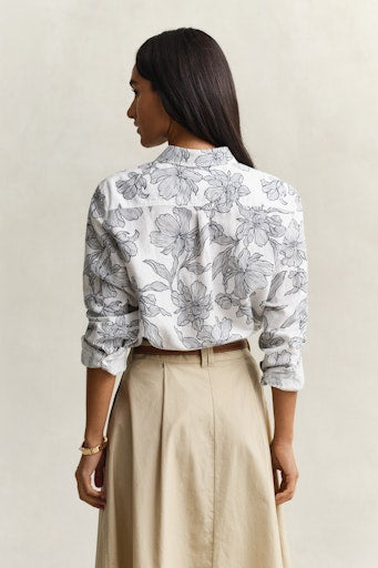 Gant White & Navy Floral Linen Blend Long Sleeve Shirt