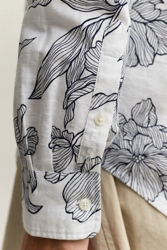 Gant White & Navy Floral Linen Blend Long Sleeve Shirt