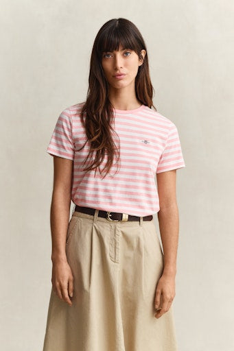 Gant Pink Striped Shield Short Sleeve Crew Neck T-Shirt