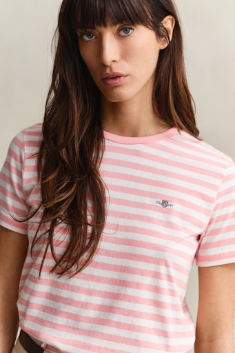 Gant Pink Striped Shield Short Sleeve Crew Neck T-Shirt