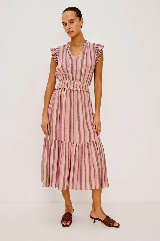 Rails Multi-Coloured Stripe Flutter Sleeve Linen Blend Dress GARDEN