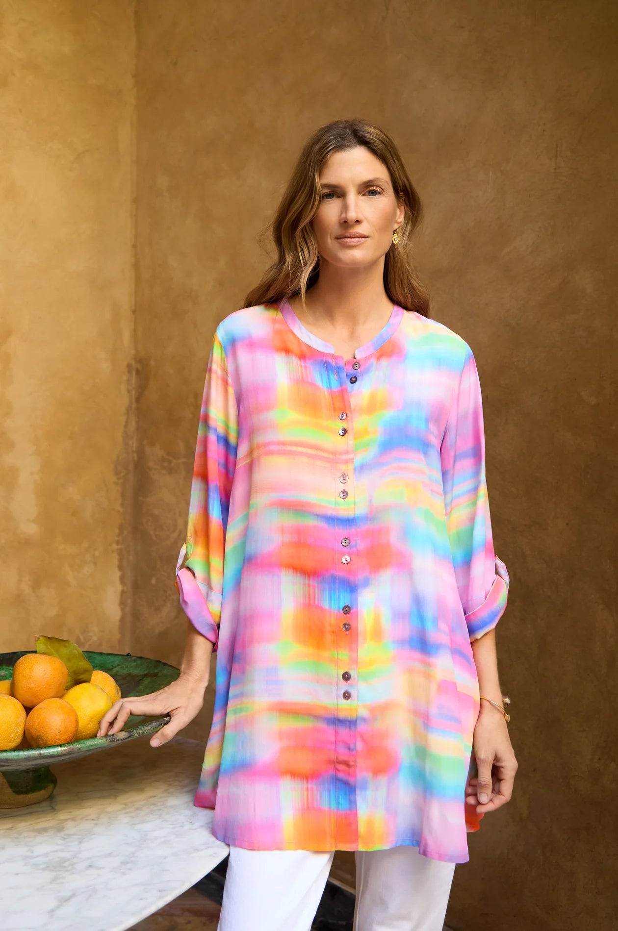 Sahara multi-coloured horizon flare shirt.