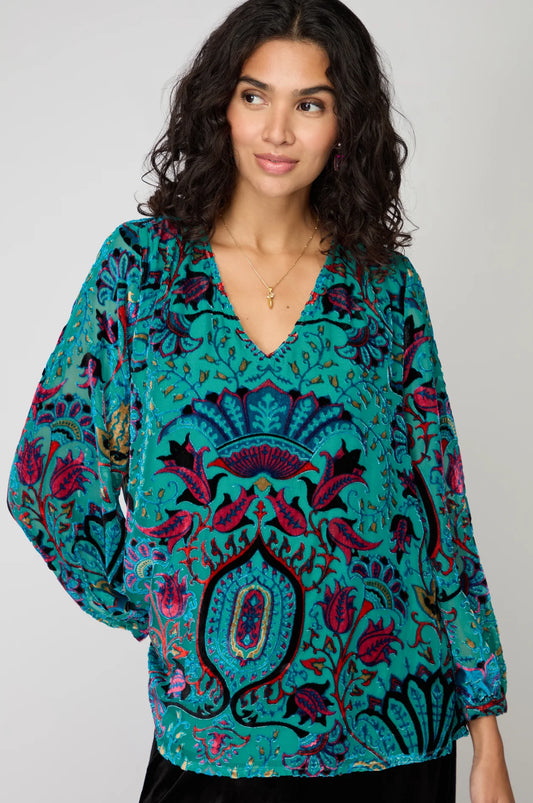 Sahara V- Neck Winter Paisley Devoré Top GRT6615-WPD