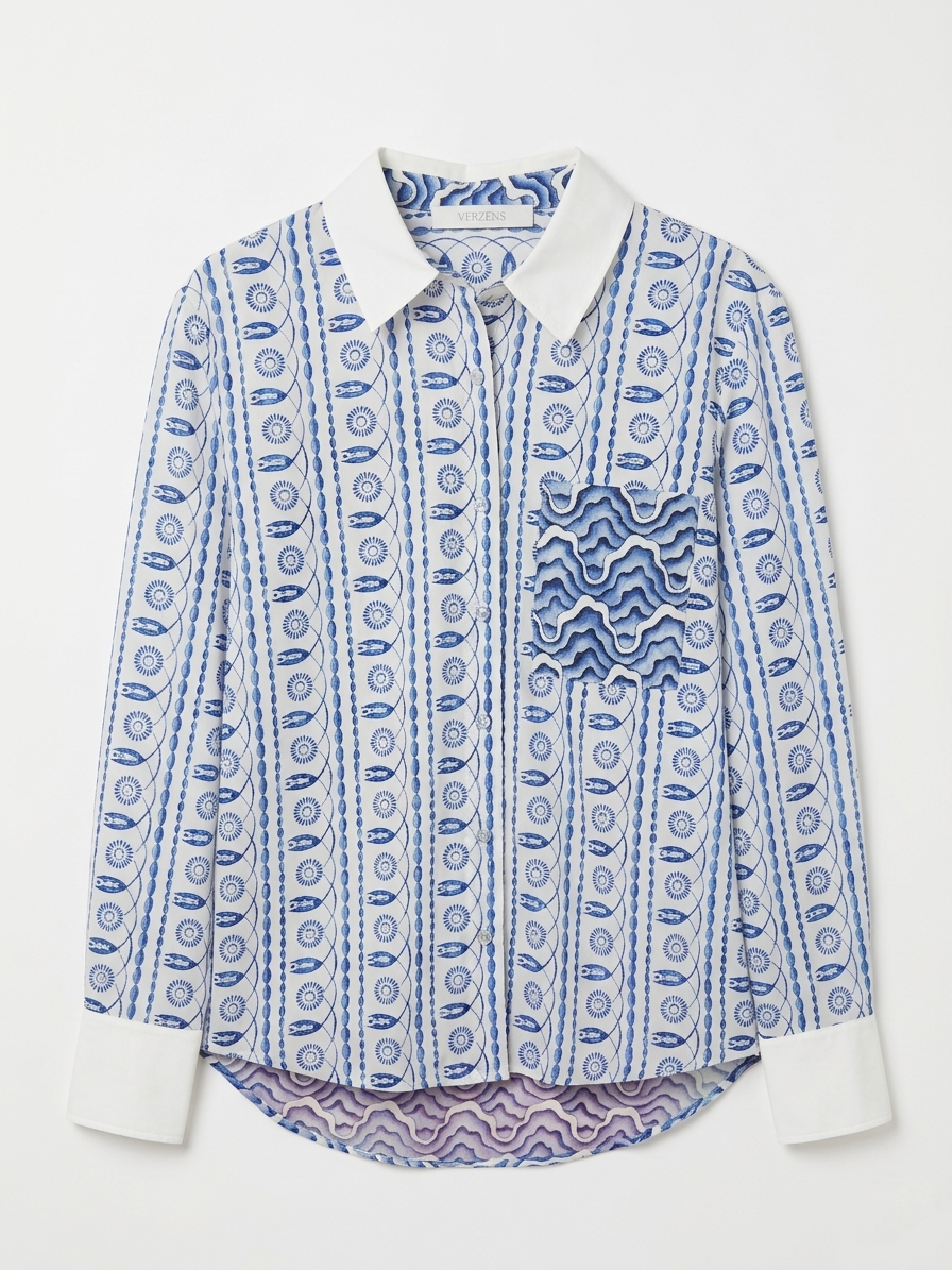 Herzens Blue & White Print Collared Shirt with Concealed Buttons, Silk Blend Back & Cotton Blend Front 6210