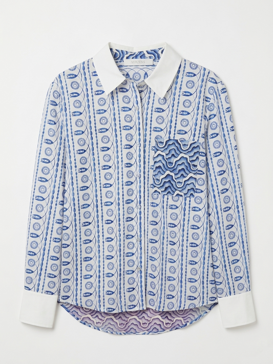 Herzens Blue & White Print Collared Shirt with Concealed Buttons, Silk Blend Back & Cotton Blend Front 6210