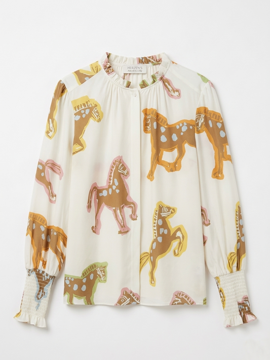 Herzens Cream Silk Horse Print Blouse Frill Collar with Concealed Buttons & Shirred Cuffs 6083