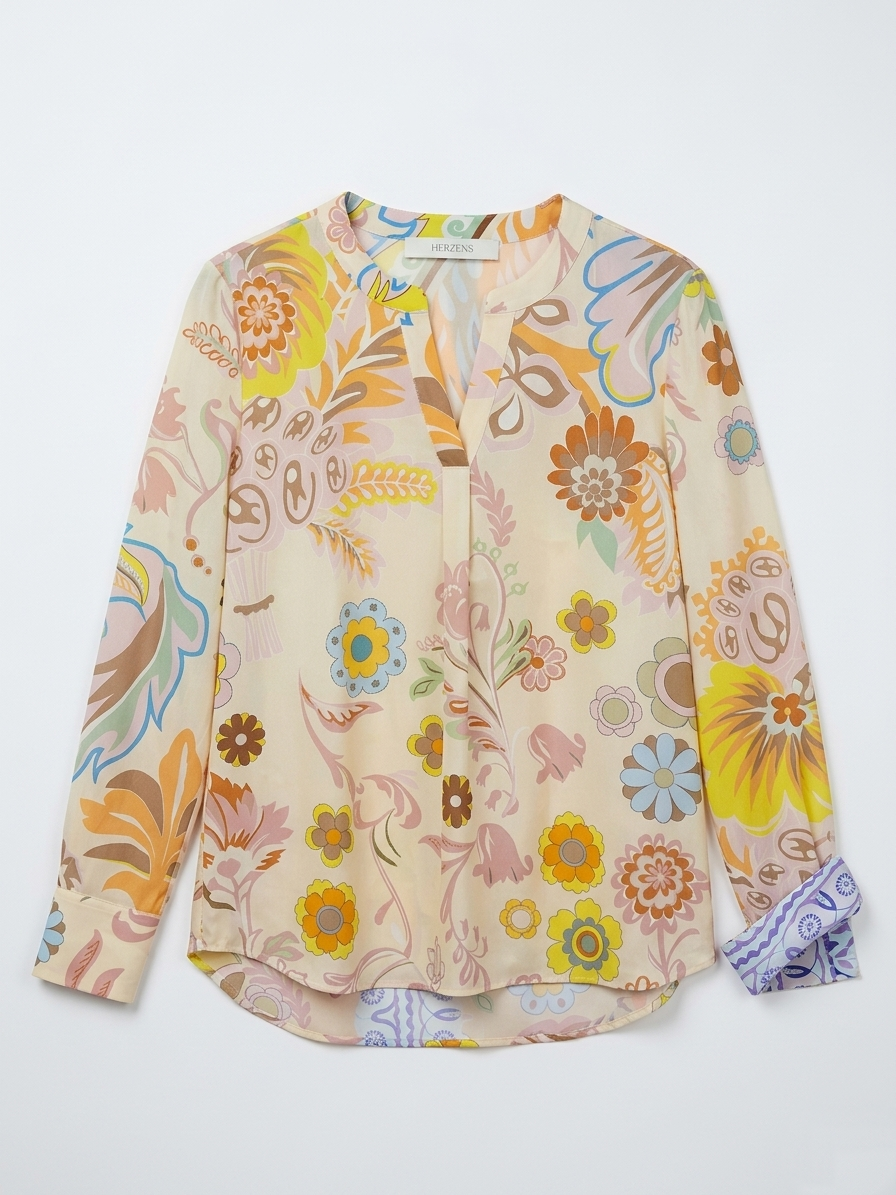 Herzens Rose Floral Silk V-Neck Top with Long Sleeves & Button Cuffs