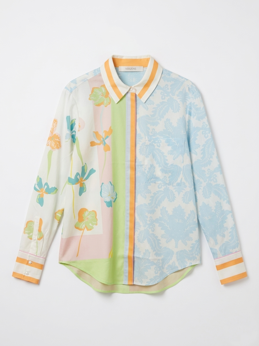 Herzens Multi-Colour Print Collared Shirt with Concealed Buttons, Cotton Front & Silk Back 6212