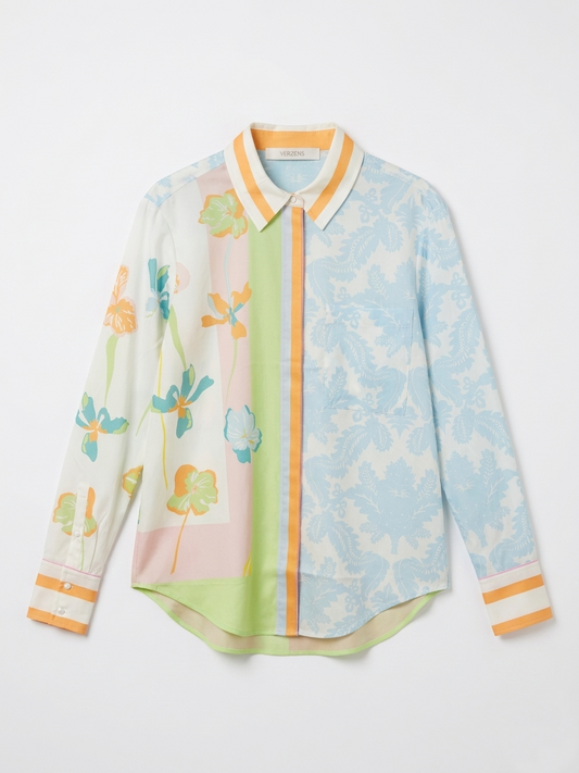 Herzens Multi-Colour Print Collared Shirt with Concealed Buttons, Cotton Front & Silk Back 6212