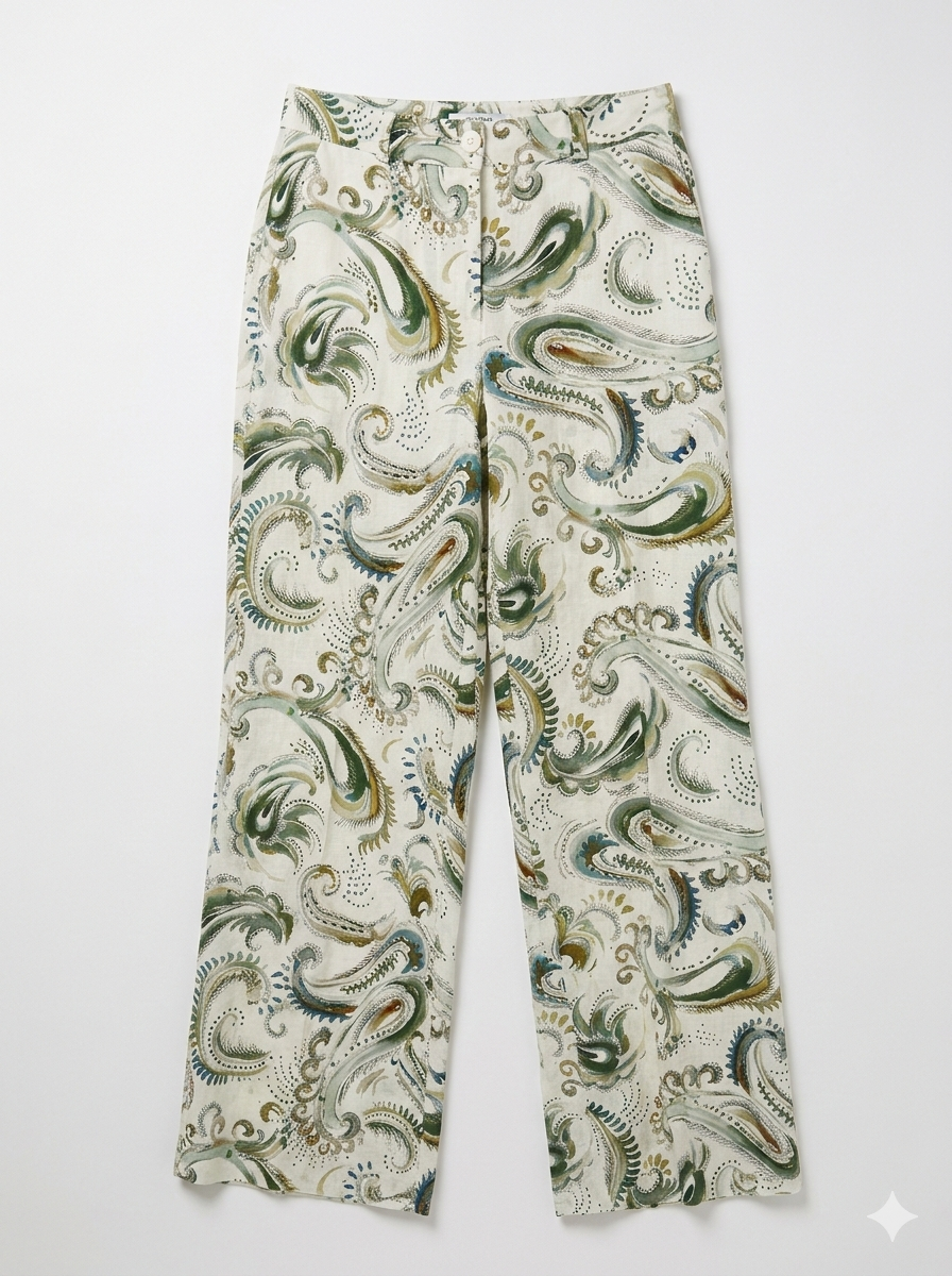 Marella Wide Leg Linen White with Pattern Print Trousers