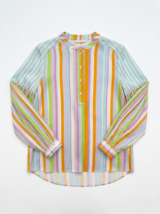 Herzens Multi-Colour Stripe Silk Shirt with Mandarin Collar, Balloon Sleeves & Buttoned Cuffs 6164