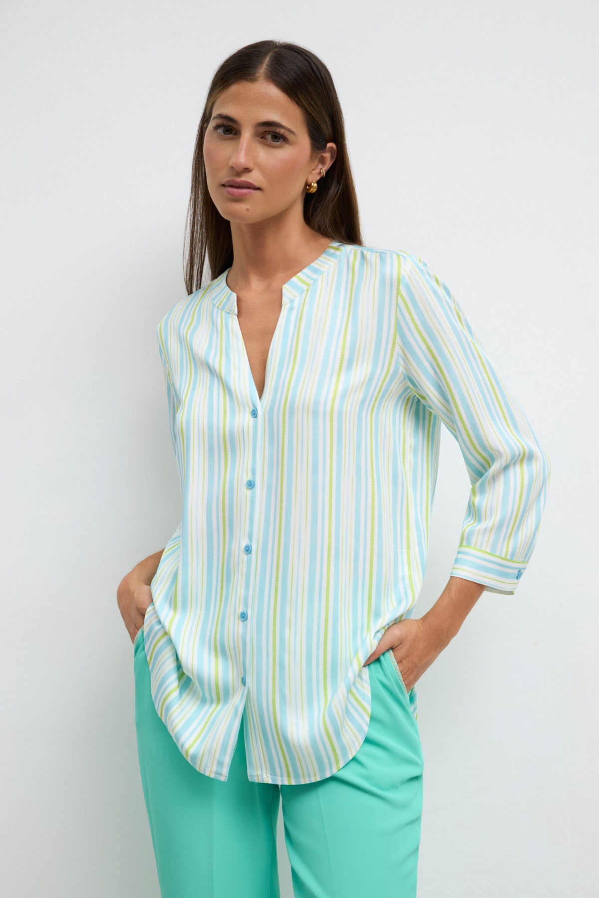 Tinta & Bariloche Lime Stripe Mandarin Collar 3/4 Sleeve Shirt