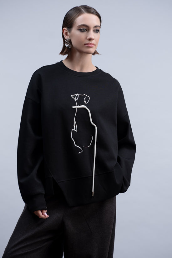 Haako Black Embroidered Sweatshirt with Embroidered Dog on Lead Motif H2002