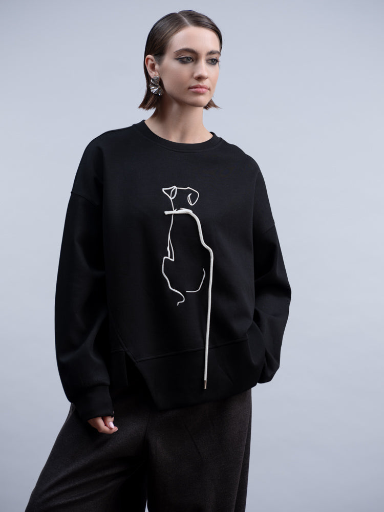 Haako Black Embroidered Sweatshirt with Embroidered Dog on Lead Motif H2002