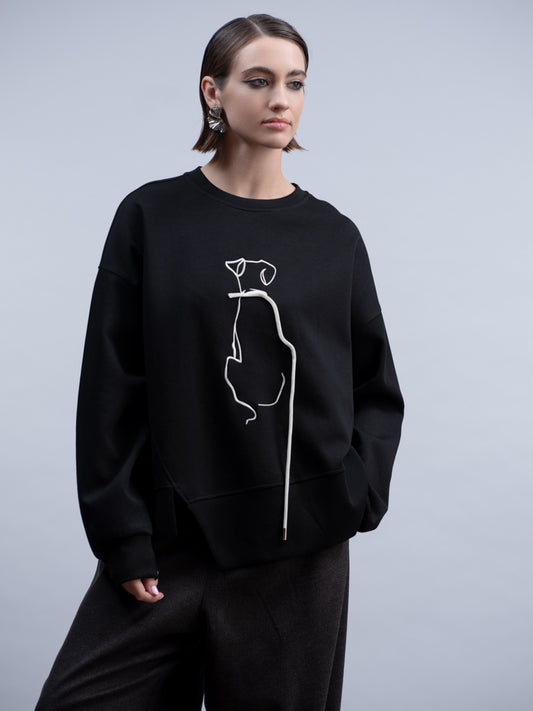 Haako Black Embroidered Sweatshirt with Embroidered Dog on Lead Motif H2002