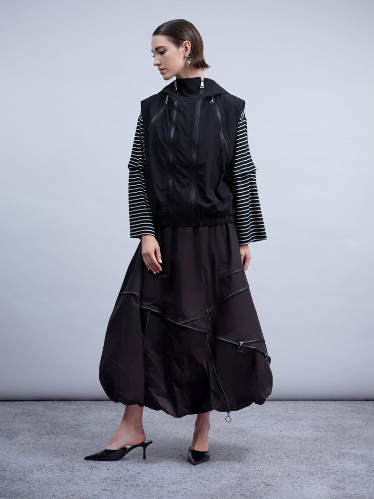 Haako Black Multi-Zip Hooded Gilet with Elasticated Hem & Pockets
