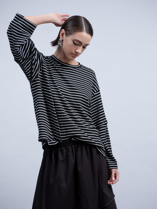 Haako Black & White Stripe T-Shirt Loose Fit Round Neck with Detachable Sleeves