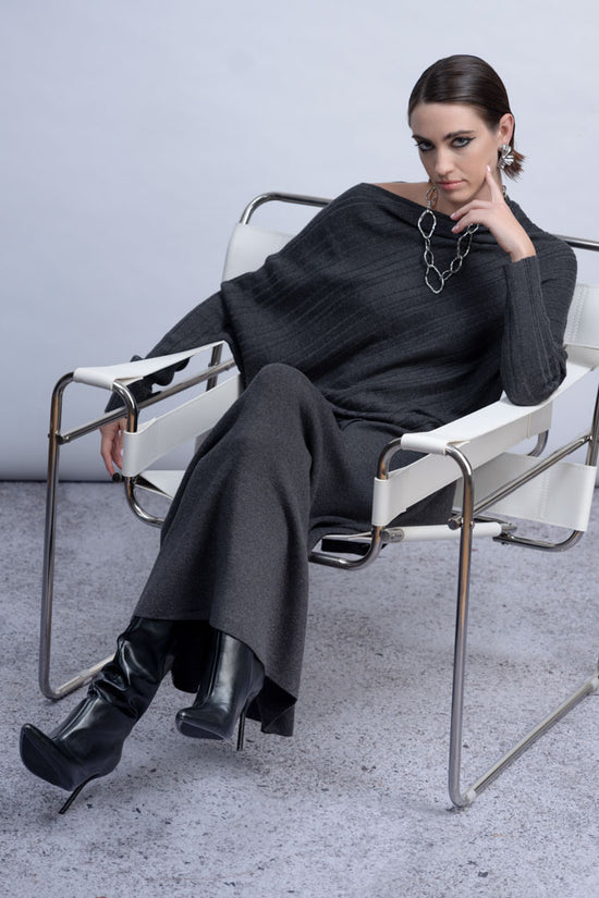 Haako Charcoal Grey Off-Shoulder Rib Knit Top with Asymmetric Hem