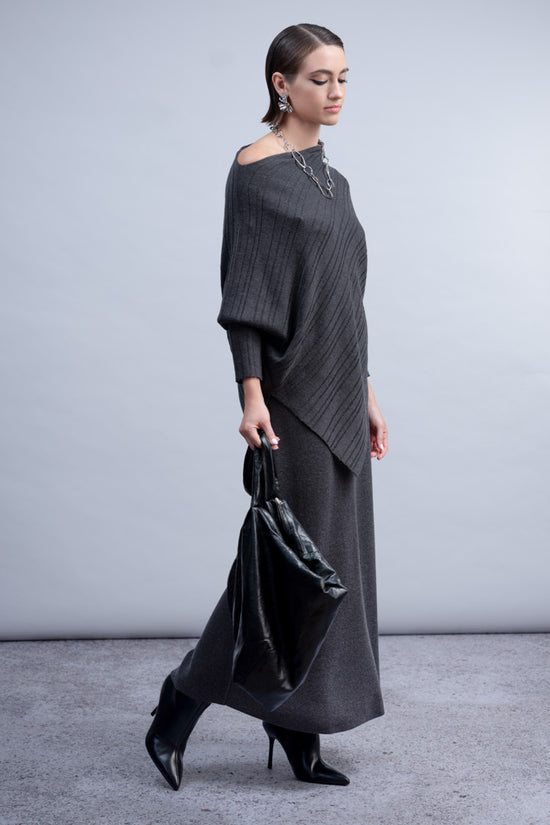 Haako Charcoal Grey Off-Shoulder Rib Knit Top with Asymmetric Hem