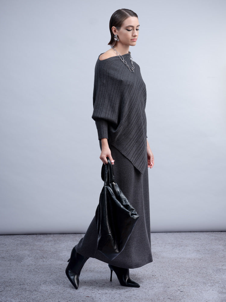Haako Charcoal Grey Off-Shoulder Rib Knit Top with Asymmetric Hem