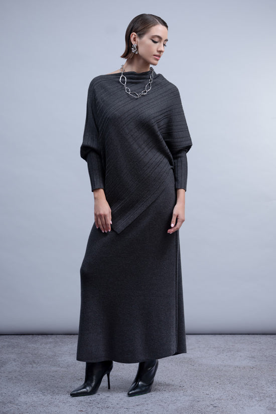 Haako Charcoal Grey Off-Shoulder Rib Knit Top with Asymmetric Hem