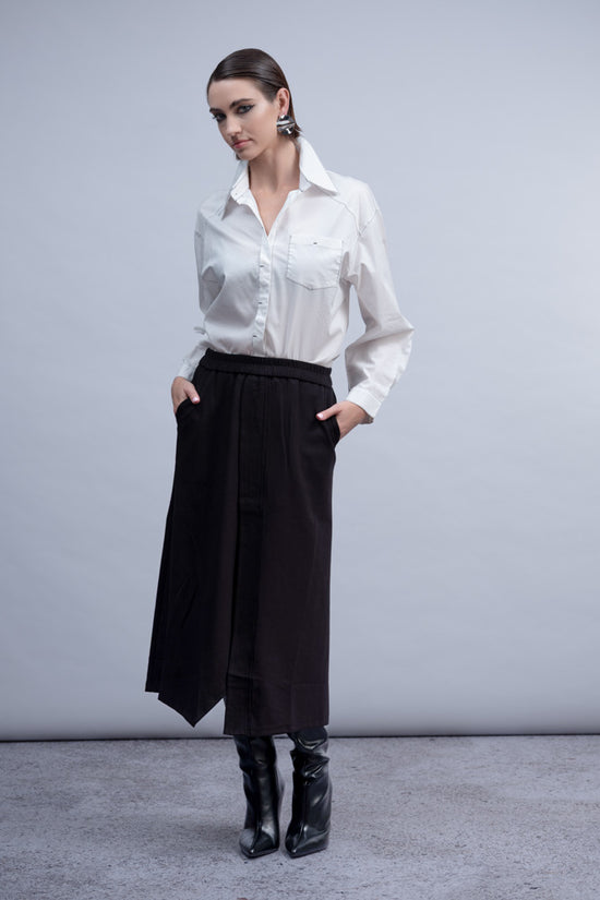 Haako Black Midi Skirt Cotton Blend Elasticated Waist Skirt with Pockets & V Hem