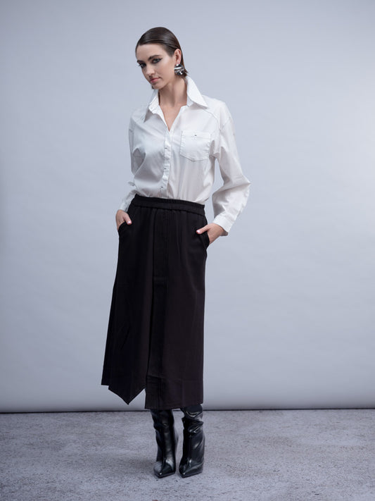 Haako Black Midi Skirt Cotton Blend Elasticated Waist Skirt with Pockets & V Hem