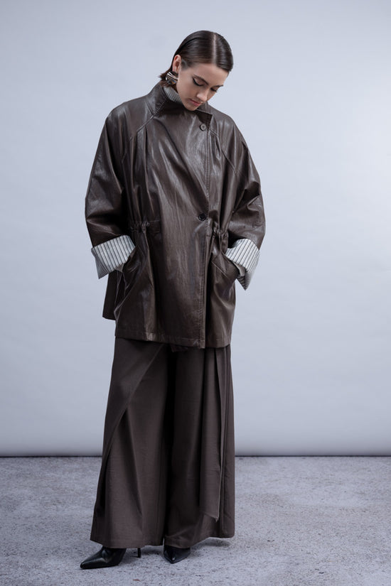 Haako Black Oversized Faux Leather Coat with Adjustable Waist