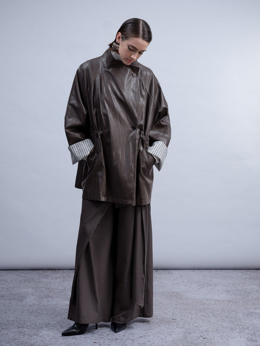 Haako Black Oversized Faux Leather Coat with Adjustable Waist