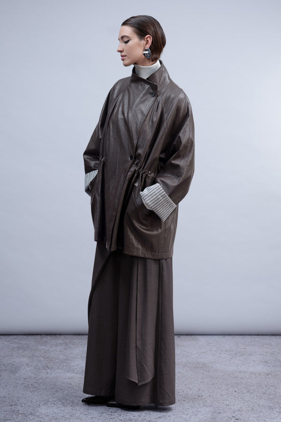 Haako Black Oversized Faux Leather Coat with Adjustable Waist