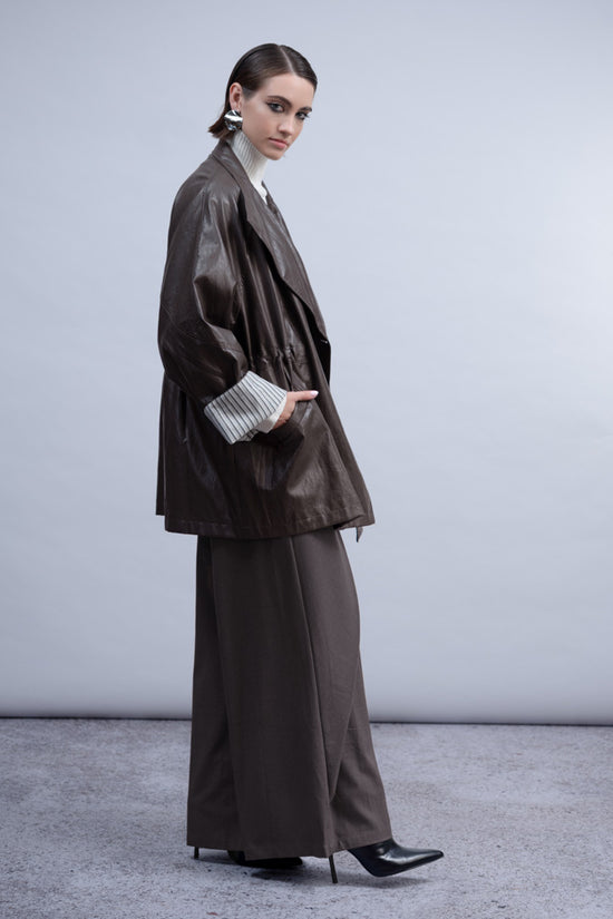 Haako Black Oversized Faux Leather Coat with Adjustable Waist