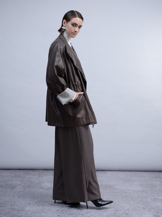 Haako Black Oversized Faux Leather Coat with Adjustable Waist