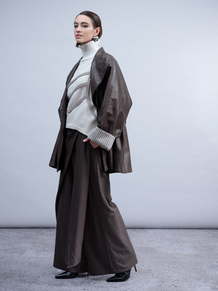Haako Black Oversized Faux Leather Coat with Adjustable Waist