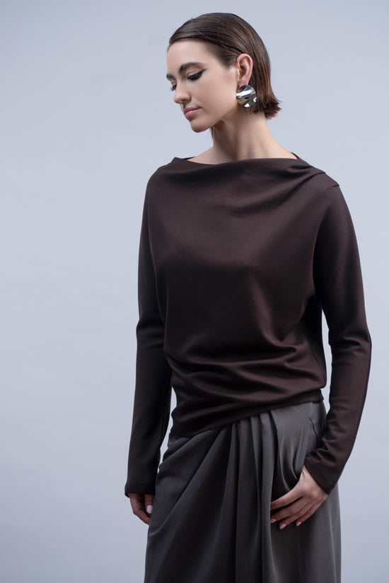 Haako Chocolate Brown Long Sleeve Boat Neck Top