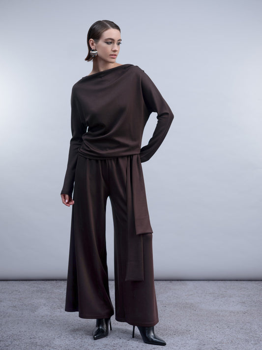 Haako Chocolate Brown Long Sleeve Boat Neck Top