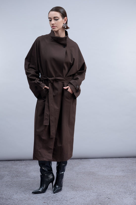 Haako Brown Faux Suede Belted Coat with High Neck Collar & Pockets