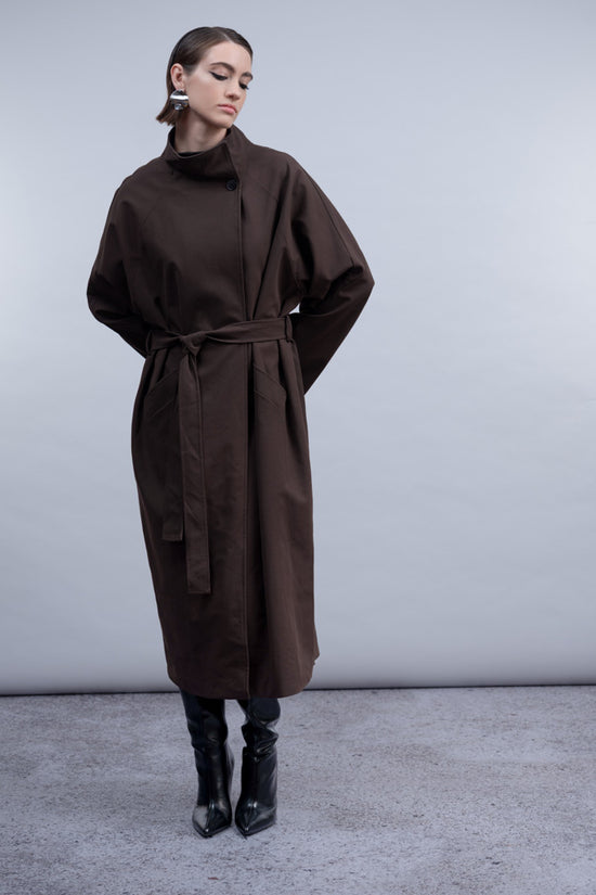 Haako Brown Faux Suede Belted Coat with High Neck Collar & Pockets