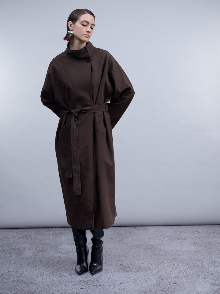 Haako Brown Faux Suede Belted Coat with High Neck Collar & Pockets