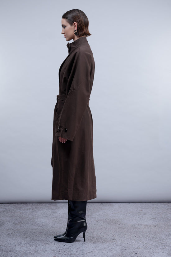 Haako Brown Faux Suede Belted Coat with High Neck Collar & Pockets